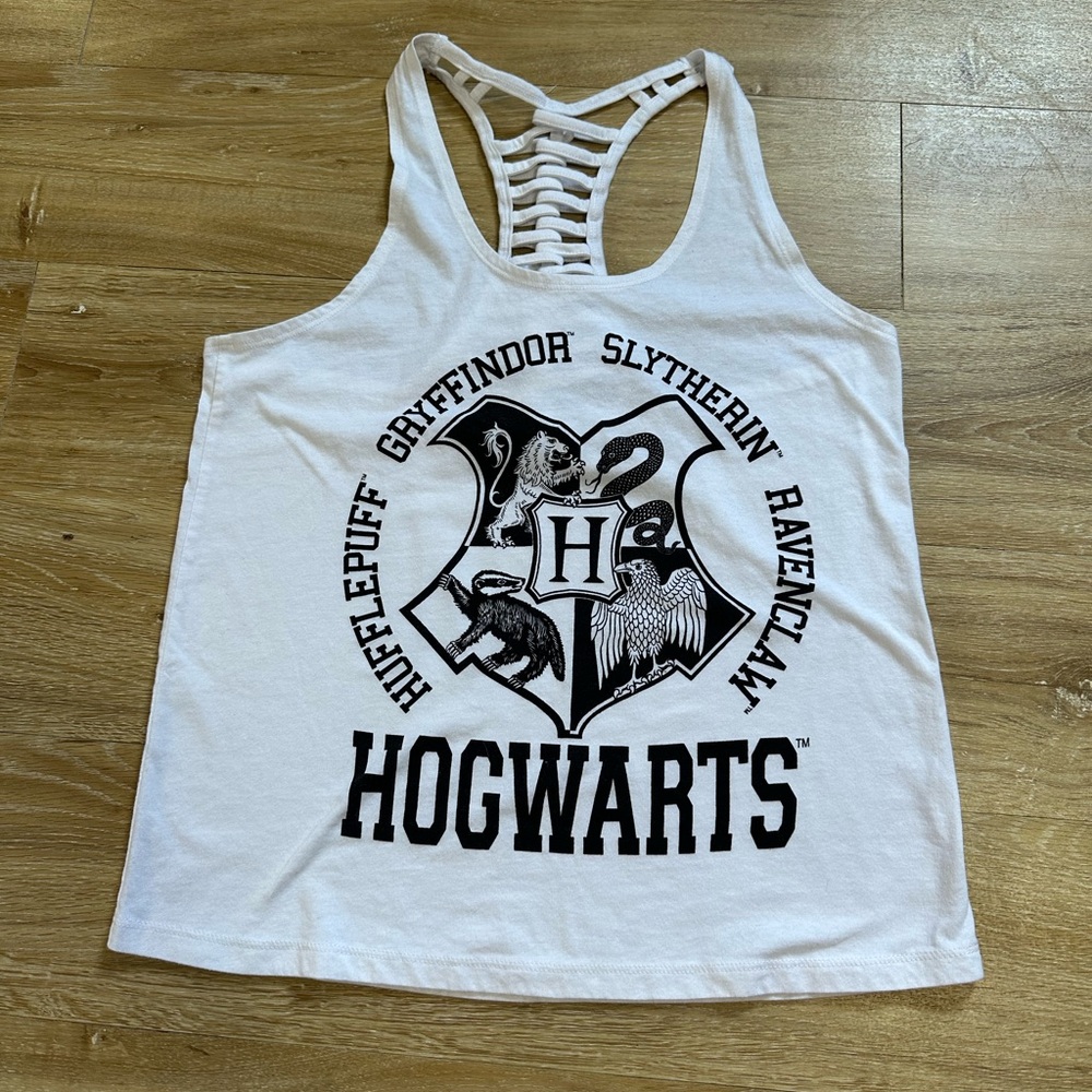 Harry Potter Hogwarts Crest Racer Back Tank Top, Size L Hufflepuff Griffindor